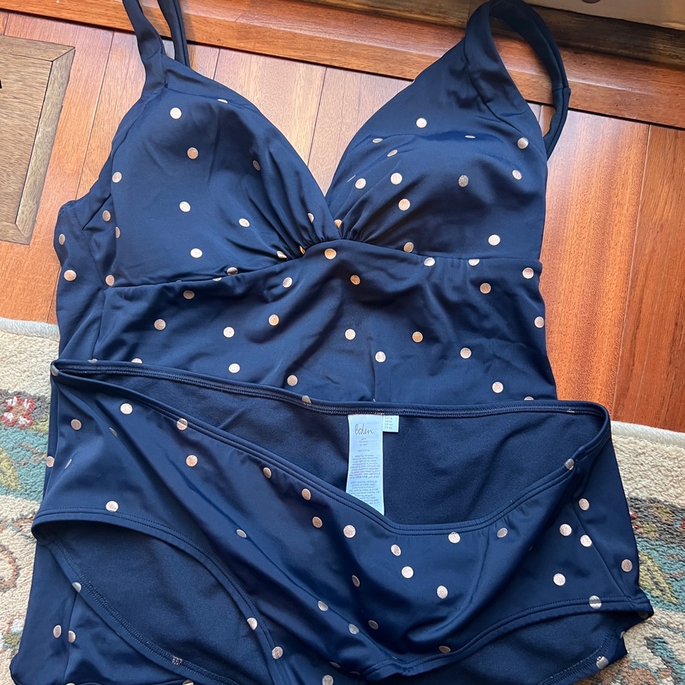 Boden Blue Swimsuit with White Polka Dots